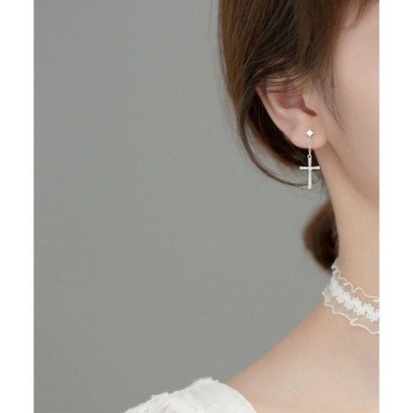 Silver Asymmetry Cross Drop studs Earrings-ECZ029 - Picture 2 of 9